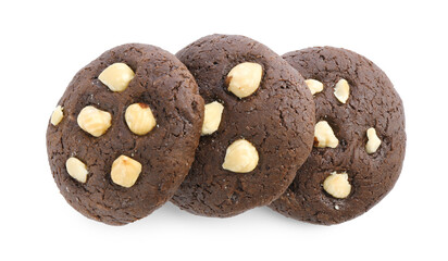 Tasty chocolate cookies with hazelnuts isolated on white, top view