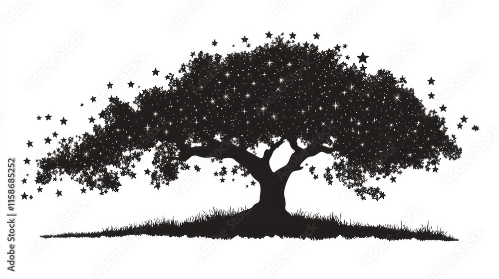 Poster silhouette of a large tree with leaves and stars blowing in the wind.