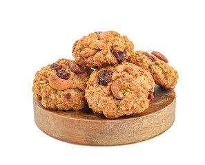 Delicious oatmeal cookies with dried cranberries and nuts isolated on white