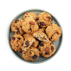 Delicious oatmeal cookies with dried cranberries and nuts isolated on white, top view