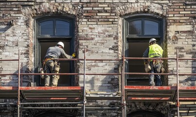 Two construction workers on scaffolding replace windows in an old brick building.
