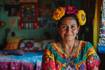 Smiling Mexican woman in traditional embroidered dress with flower crown, sitting indoors in a colorful decorated room, vibrant and natural light photography