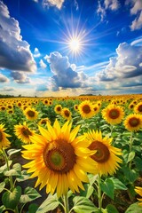 Obraz premium Majestic sunflower field under a bright sun and fluffy clouds, highlighting the vivid charm of summer's natural beauty