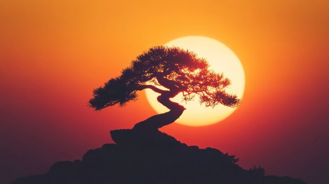 Silhouette of bonsai tree on rock against vibrant sunset.