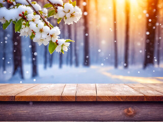 Wooden Tabletop with Snow Covered Spring Blossoms in a Winter Forest.
