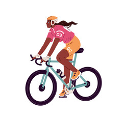 Obraz premium Professional cyclist rides on bike. Black bicyclist cycling on track. Sportswoman is in bicycle race. Athlete of Tour de France rushing to win. Flat isolated vector illustration on white background