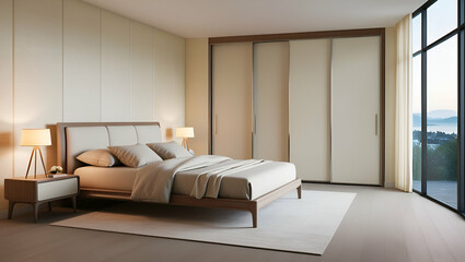 A beautifully rendered 3D modern bedroom interior with a spacious layout, bold accent colors, geometric decor, and a blend of textures like wood, metal, and fabric for a chic look.