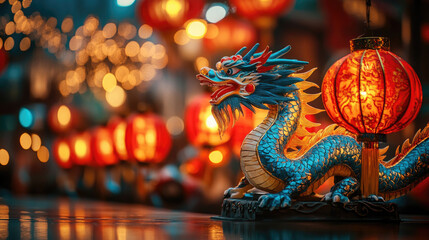 Fototapeta premium Statue of a dragon with glowing Chinese lanterns celebrating the Chinese New Year 2025, year of the Dragon, featuring golden lights and traditional festive decorations.
