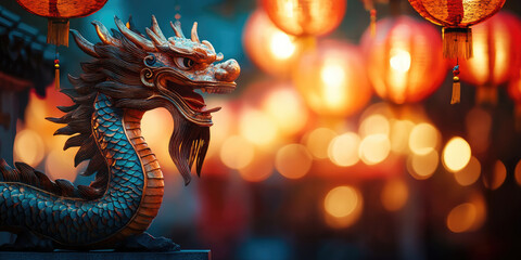 Fototapeta premium Statue of a dragon with glowing Chinese lanterns celebrating the Chinese New Year 2025, year of the Dragon, featuring golden lights and traditional festive decorations.
