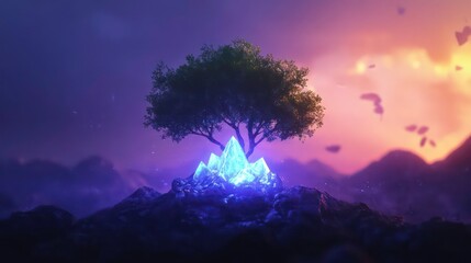 Magical tree growing from glowing crystals on a mountain at sunset.