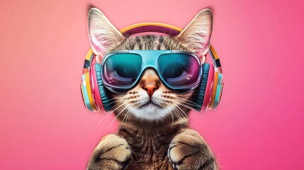Naklejka premium Cool Cat Groovily Jams to Music in Vibrant Photo Close-Up. AI Generated