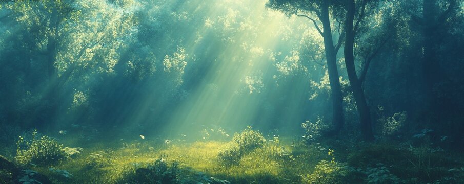 Sunbeams illuminating magical foggy forest glade with lush grass
