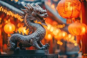 Fototapeta premium Statue of a dragon with glowing Chinese lanterns celebrating the Chinese New Year 2025, year of the Dragon, featuring golden lights and traditional festive decorations.