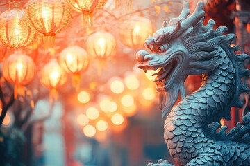 Fototapeta premium Statue of a dragon with glowing Chinese lanterns celebrating the Chinese New Year 2025, year of the Dragon, featuring golden lights and traditional festive decorations.
