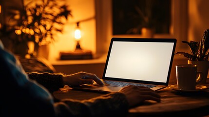 Person working on laptop at night in warm light