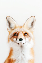 Obraz premium Close-up portrait of a red fox with bright, expressive eyes and soft fur, set against a simple background. Ideal for wildlife, nature, or animal concepts.