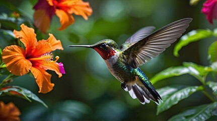 Fototapeta premium Vibrant hummingbird hovers gracefully in a tropical garden, delighting in the nectar of colorful hibiscus flowers under the warm sunlight