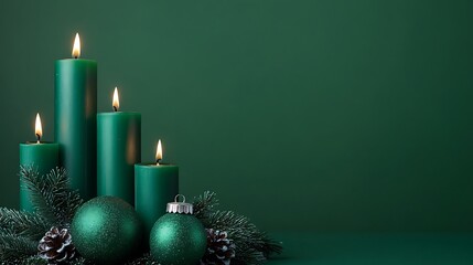 Lit green candles, ornaments, pine, on green background.