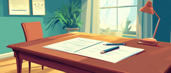 Vector cartoon illustration of a desk with papers and a pen in a cozy workspace