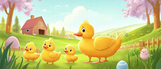 Fototapeta premium Cute farmyard with joyful Easter ducks and chicks on a sunny day