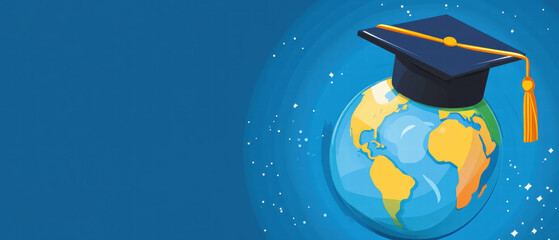 Graduation cap adorns globe, symbolizing global education and learning opportunities for all