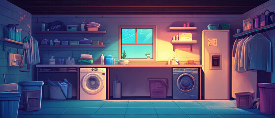 Laundry room design showcasing washing machine, dryer, and storage shelves in a modern home