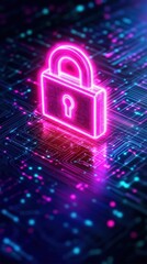 A neon pink digital lock shines over an abstract circuit board, Represents DLP, data protection, and cybersecurity concepts