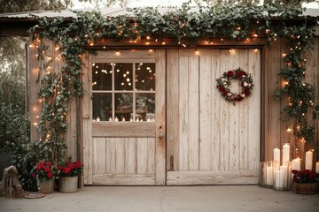 A rustic entrance adorned with greenery, twinkling lights, and a festive wreath, creating a warm and inviting holiday atmosphere.