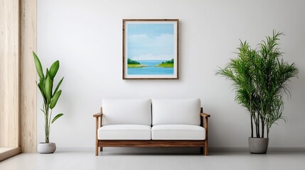 Serene Coastal Landscape Painting: Calmly Displayed in Modern Interior. AI Generated