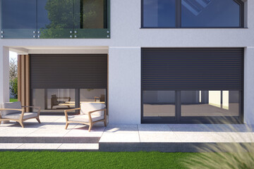 Front of a Modern Building with a Terrace View and Exterior Blinds