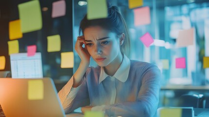 Woman Stressed Working Late On Laptop Computer