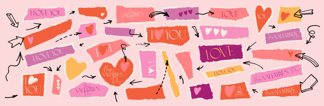 Valentine's day torn paper heart and arrow collage. Vector ripped edge retro love quote stickers. Funky groovy love collage banner bg. Grungy red pink cutout hearts, sticky notes, washy tape elements