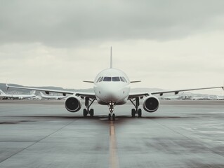 A cinematic 8k image shows a white airplane on the runway at an airport, with overcast skies creating a natural and serene atmosphere.