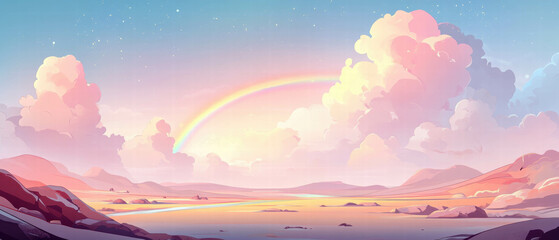 Fototapeta premium Vibrant sky with a rainbow illuminating a serene landscape during sunset