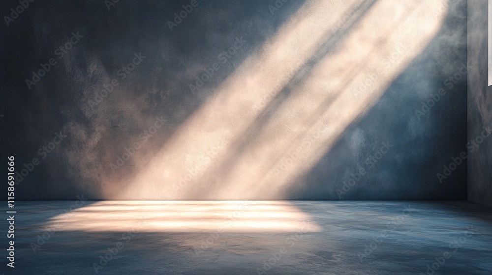 Aufkleber Light beams illuminating empty concrete room from window, abstract background