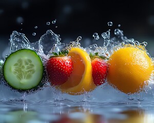 Fresh fruit and vegetable splash in water.