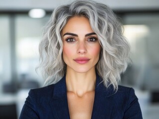 Fototapeta premium Smiling middle-aged professional woman with gray wavy hair and a confident expression, wearing a dark blazer in a bright office setting.