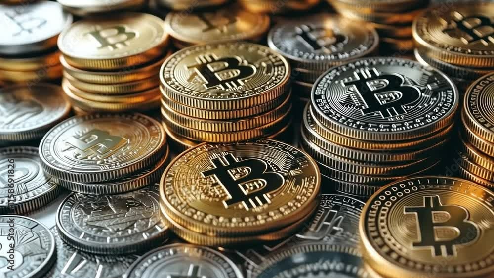 Poster bitcoin cryptocurrency: a close-up shot of a pile of shiny bitcoin coins, showcasing the intricate d