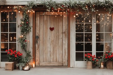 A charming rustic entrance adorned with flowers, fairy lights, and a heart decoration, creating a warm and inviting atmosphere.