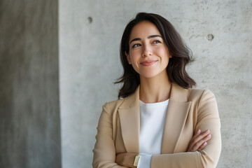 Happy Young Hispanic Businesswoman Using Tablet in Modern Office as Successful Leader and Career Dreamer






