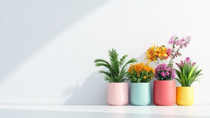 Vibrantly Colored Potted Plants Flourish Against a Bright Wall: 3D Render, Minimalist Style. AI Generated