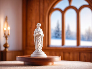 Serene White Statue in Wooden Room with Winter View