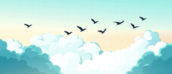 Sky filled with birds in formation against a soft blue background at dawn