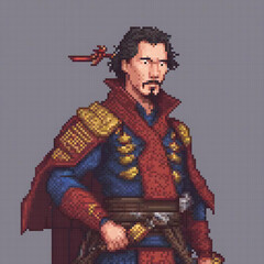 Obraz premium Pixel art image man red robe red sash red ribbon standing front gray background