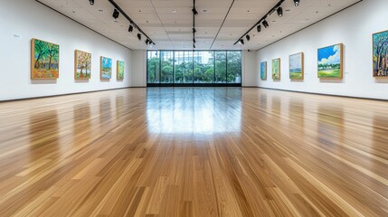 A spacious art gallery featuring wooden floors and colorful paintings on the walls, illuminated by natural light from large windows.