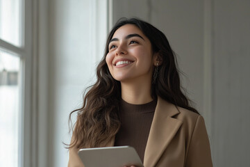 Happy Young Hispanic Businesswoman Using Tablet in Modern Office as Successful Leader and Career Dreamer






