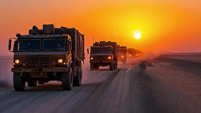 A convoy of military trucks moving in silhouette across a desert landscape, the sun setting behind them casting long shadows