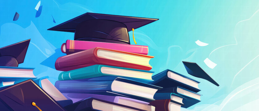 Graduation yearbooks stacked in a colorful cartoon illustration background with caps