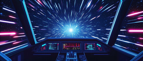 View from a spaceship cockpit entering hyperspace with vibrant light trails and starry background