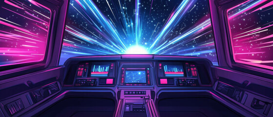 View from the cockpit of a spaceship traveling through vibrant hyperspace